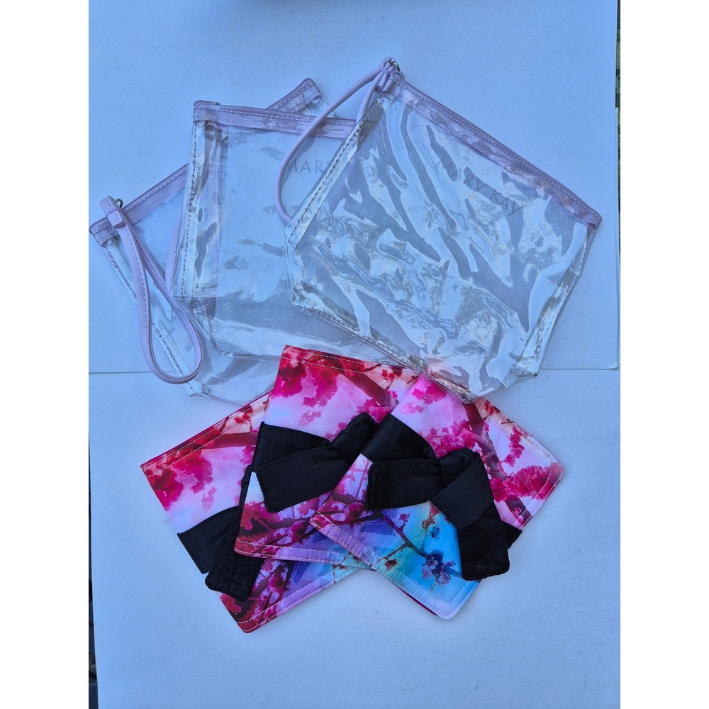 Mary Kay Set of 6 Cosmetic Bags Clear PVC Wristlets and Floral Bow Pouches